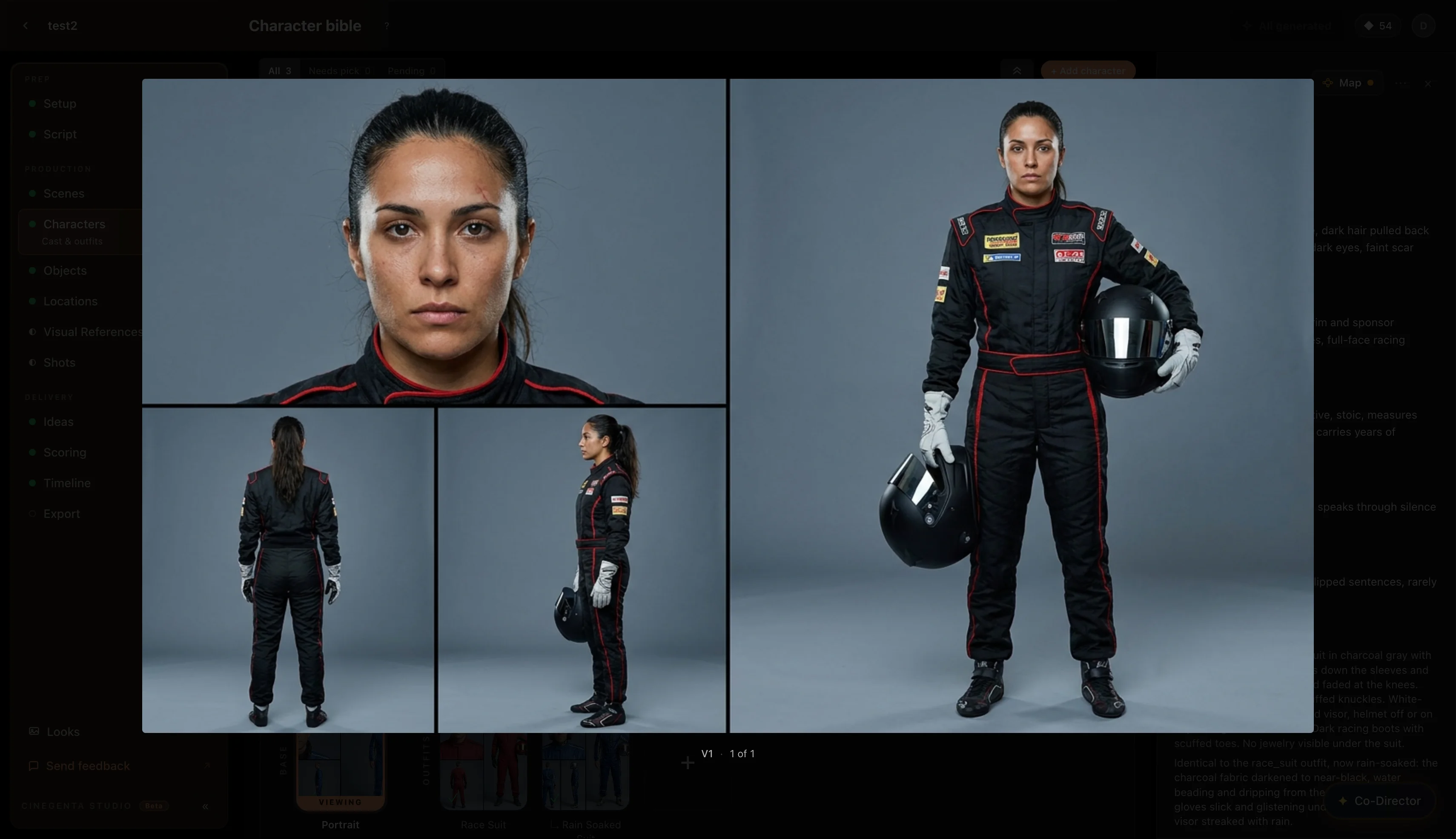 Character Bible — multi-angle reference sheet locks a character's look across every shot
