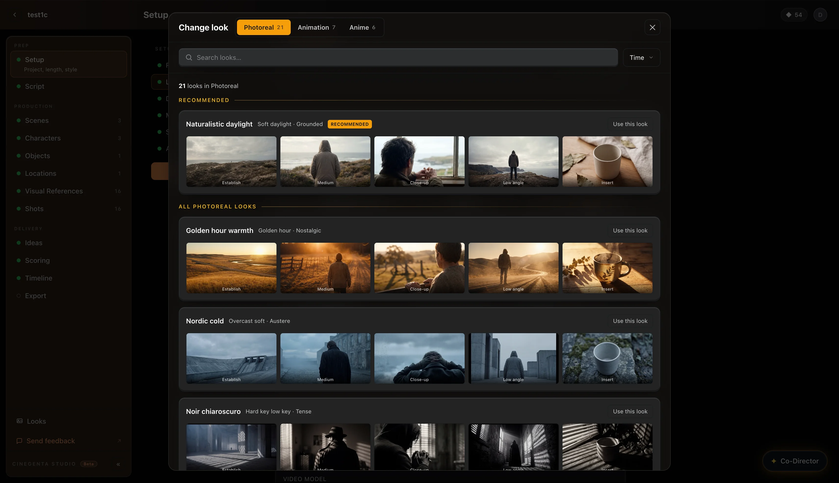 Pick a look — lens, lighting, color, and mood presets for the shot