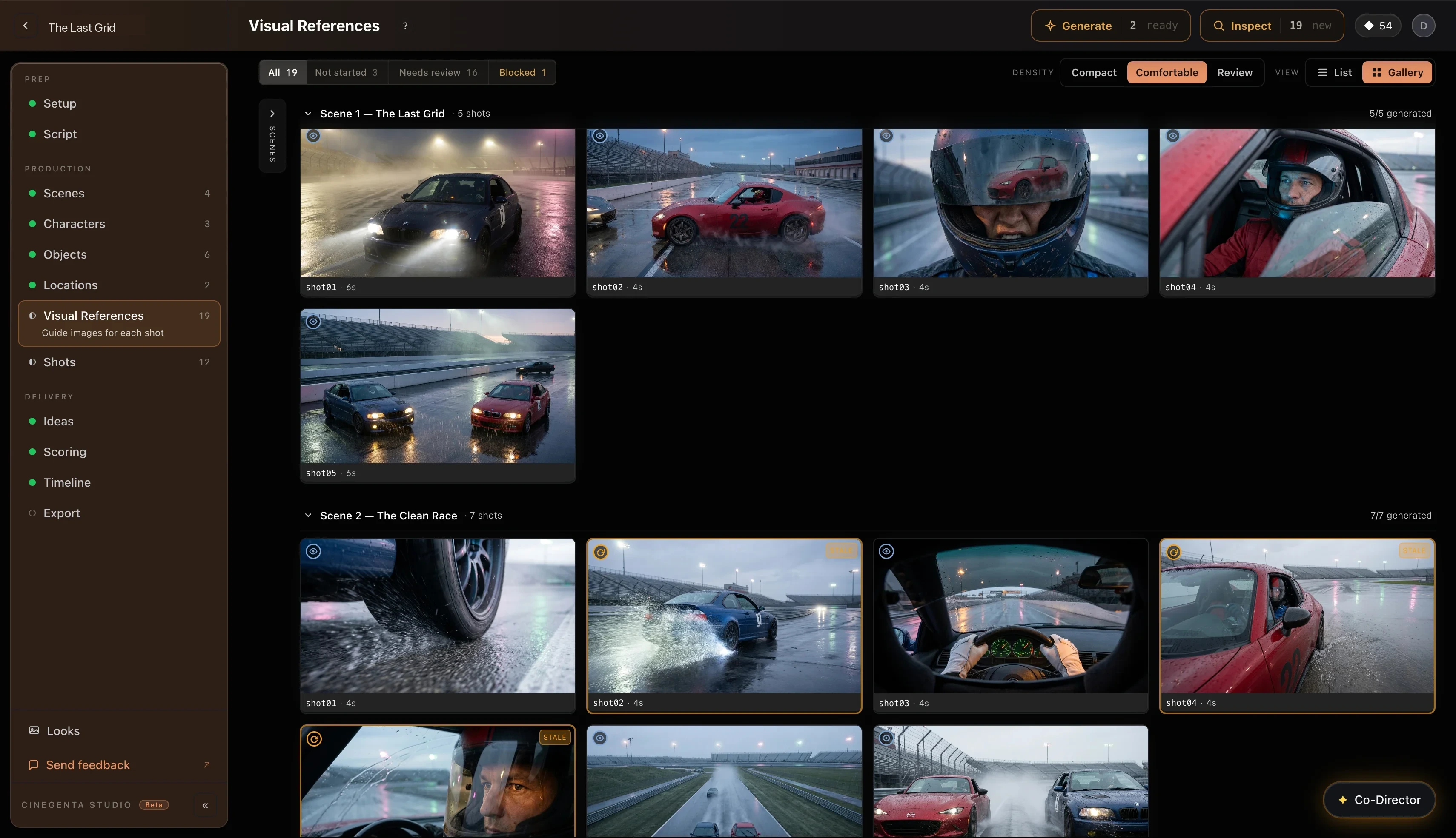 Cinegenta Studio — Visual References gallery with generated shots organised by scene